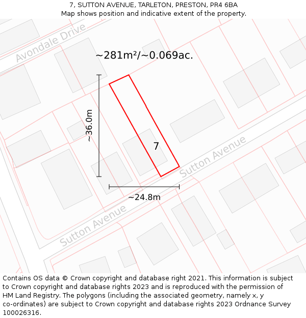 7, SUTTON AVENUE, TARLETON, PRESTON, PR4 6BA: Plot and title map