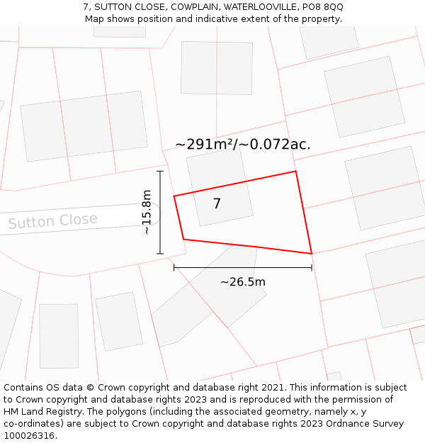 7, SUTTON CLOSE, COWPLAIN, WATERLOOVILLE, PO8 8QQ: Plot and title map