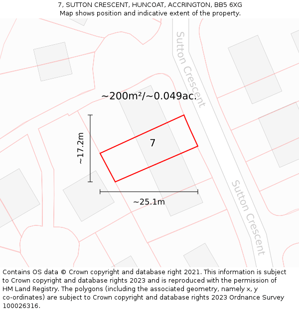 7, SUTTON CRESCENT, HUNCOAT, ACCRINGTON, BB5 6XG: Plot and title map