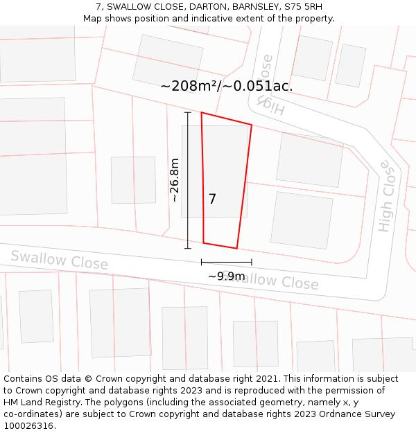 7, SWALLOW CLOSE, DARTON, BARNSLEY, S75 5RH: Plot and title map