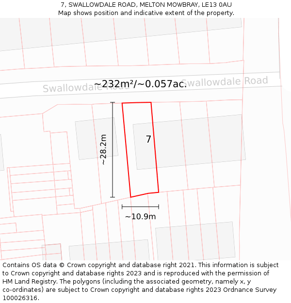 7, SWALLOWDALE ROAD, MELTON MOWBRAY, LE13 0AU: Plot and title map