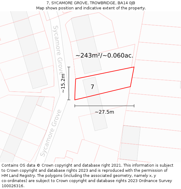 7, SYCAMORE GROVE, TROWBRIDGE, BA14 0JB: Plot and title map