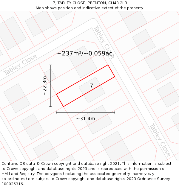 7, TABLEY CLOSE, PRENTON, CH43 2LB: Plot and title map