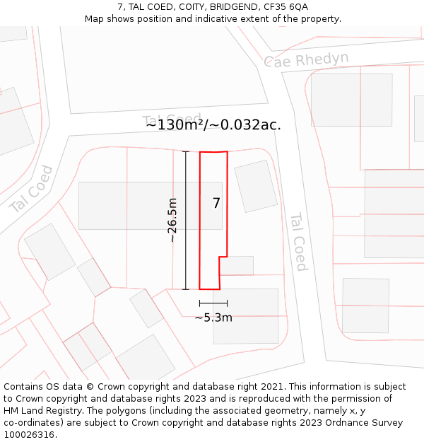 7, TAL COED, COITY, BRIDGEND, CF35 6QA: Plot and title map