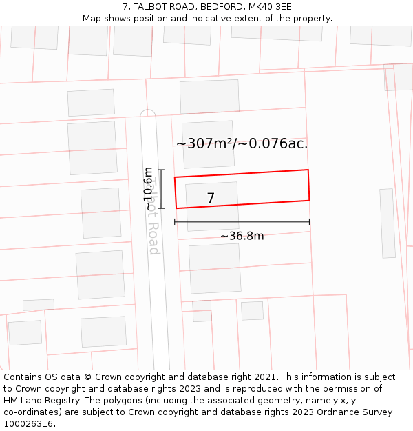 7, TALBOT ROAD, BEDFORD, MK40 3EE: Plot and title map