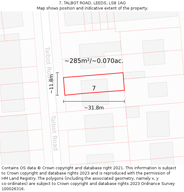 7, TALBOT ROAD, LEEDS, LS8 1AG: Plot and title map