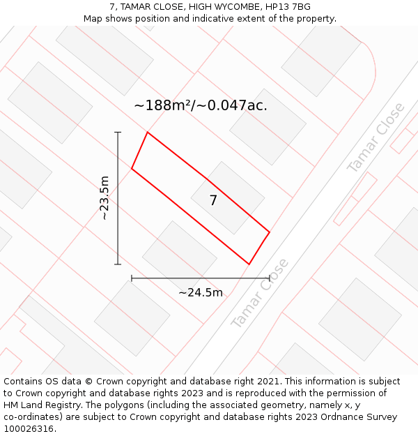 7, TAMAR CLOSE, HIGH WYCOMBE, HP13 7BG: Plot and title map