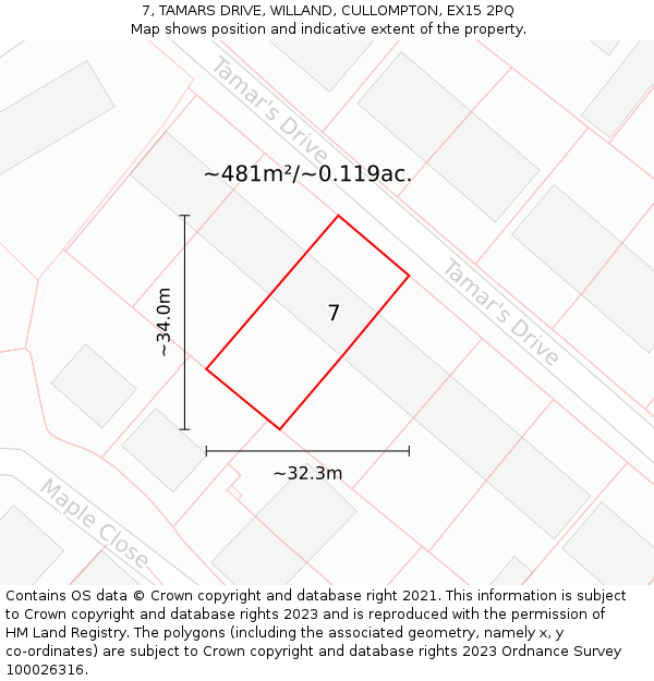 7, TAMARS DRIVE, WILLAND, CULLOMPTON, EX15 2PQ: Plot and title map