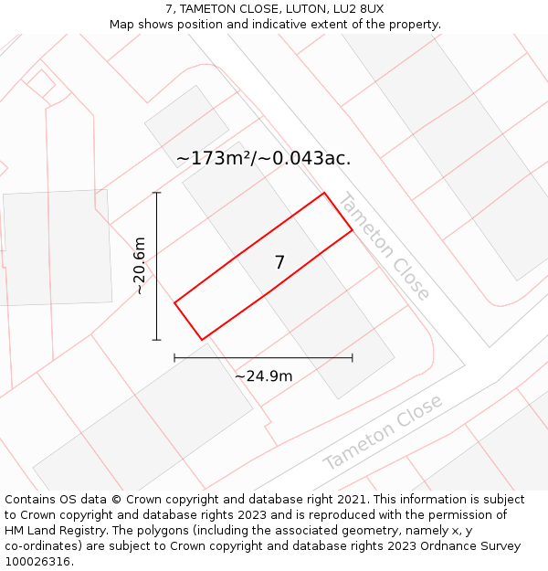 7, TAMETON CLOSE, LUTON, LU2 8UX: Plot and title map