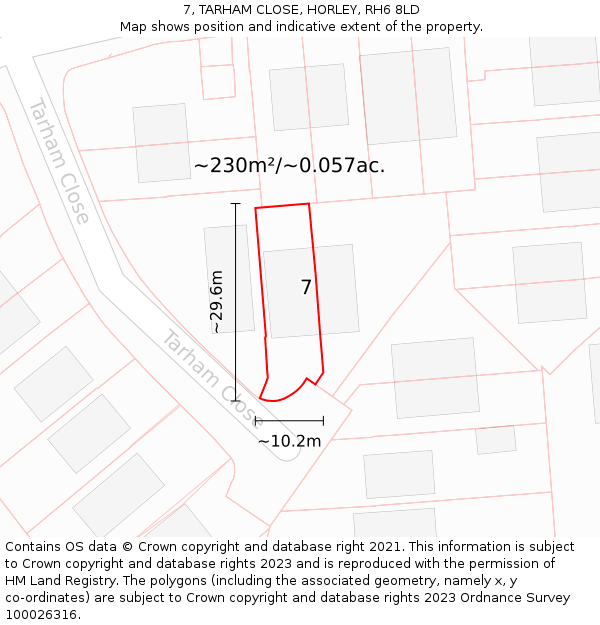 7, TARHAM CLOSE, HORLEY, RH6 8LD: Plot and title map