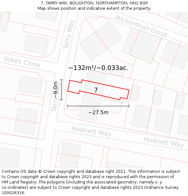 7, TARRY WAY, BOUGHTON, NORTHAMPTON, NN2 8GP: Plot and title map