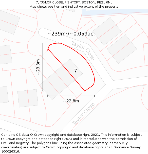 7, TAYLOR CLOSE, FISHTOFT, BOSTON, PE21 0NL: Plot and title map