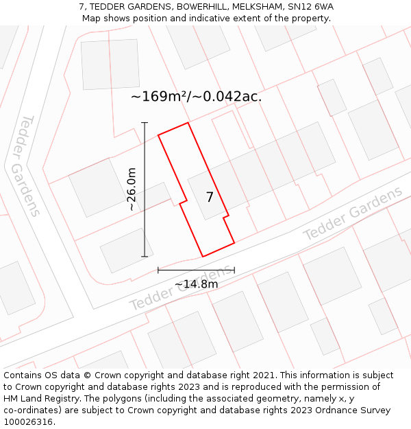 7, TEDDER GARDENS, BOWERHILL, MELKSHAM, SN12 6WA: Plot and title map