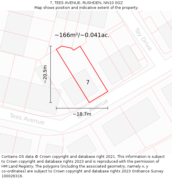 7, TEES AVENUE, RUSHDEN, NN10 0GZ: Plot and title map