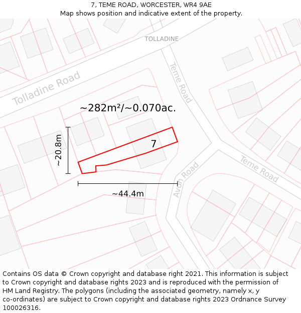 7, TEME ROAD, WORCESTER, WR4 9AE: Plot and title map