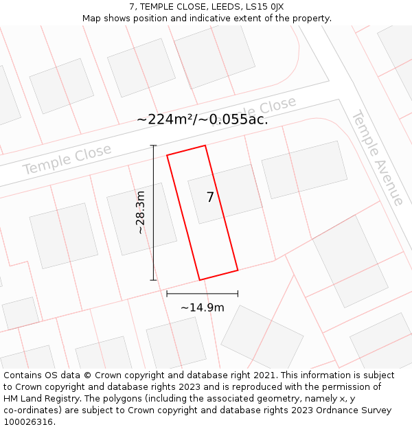 7, TEMPLE CLOSE, LEEDS, LS15 0JX: Plot and title map