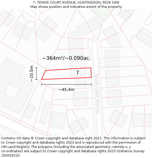 7, TENNIS COURT AVENUE, HUNTINGDON, PE29 1WW: Plot and title map