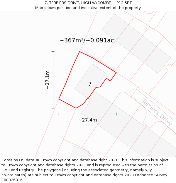 7, TERRIERS DRIVE, HIGH WYCOMBE, HP13 5BT: Plot and title map