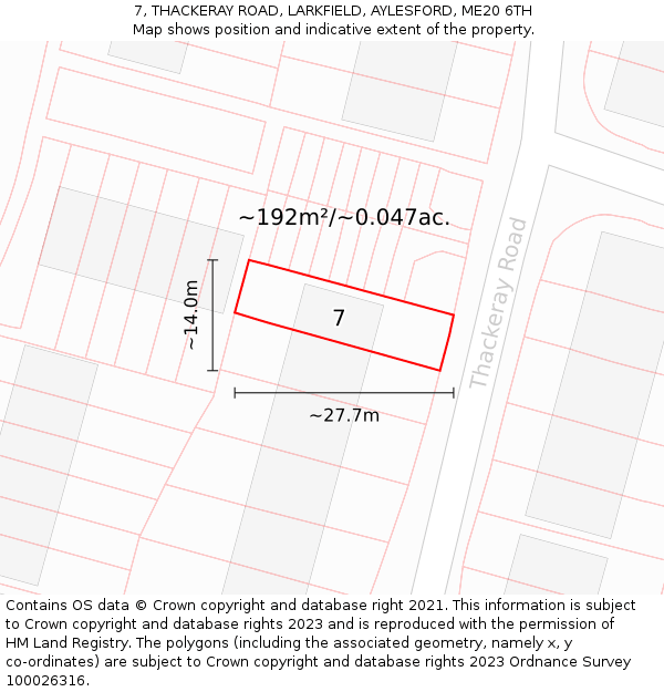 7, THACKERAY ROAD, LARKFIELD, AYLESFORD, ME20 6TH: Plot and title map