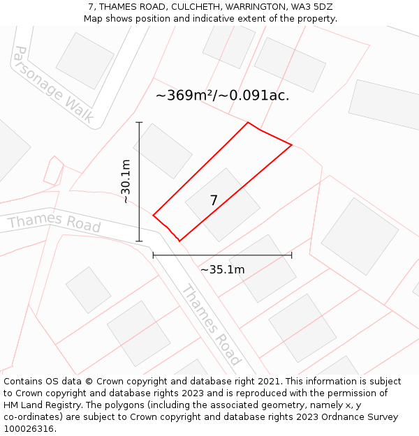 7, THAMES ROAD, CULCHETH, WARRINGTON, WA3 5DZ: Plot and title map