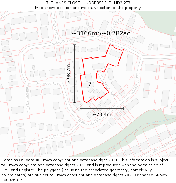 7, THANES CLOSE, HUDDERSFIELD, HD2 2FR: Plot and title map