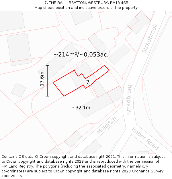 7, THE BALL, BRATTON, WESTBURY, BA13 4SB: Plot and title map
