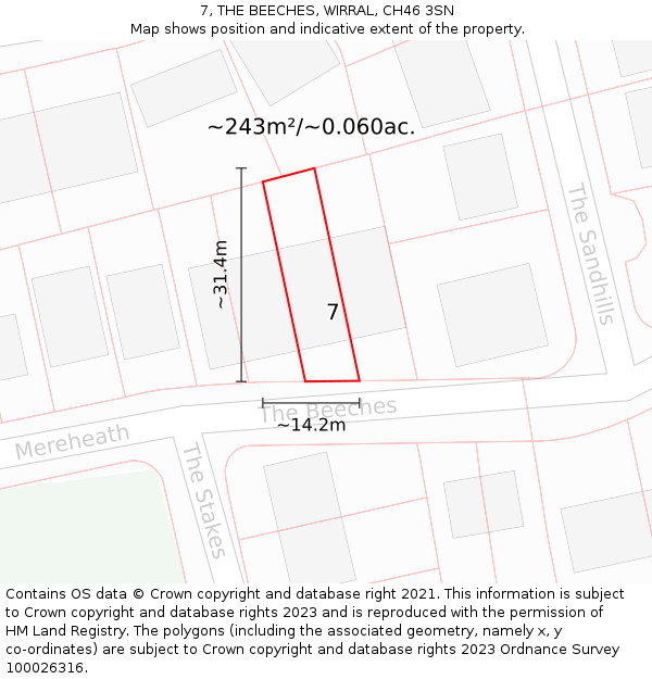 7, THE BEECHES, WIRRAL, CH46 3SN: Plot and title map