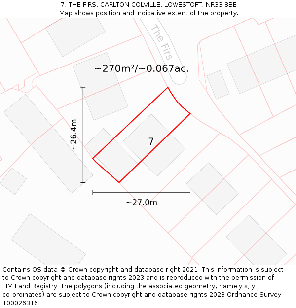 7, THE FIRS, CARLTON COLVILLE, LOWESTOFT, NR33 8BE: Plot and title map