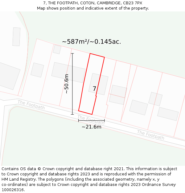 7, THE FOOTPATH, COTON, CAMBRIDGE, CB23 7PX: Plot and title map