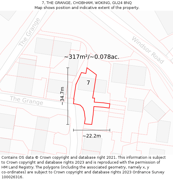 7, THE GRANGE, CHOBHAM, WOKING, GU24 8NQ: Plot and title map