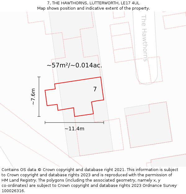 7, THE HAWTHORNS, LUTTERWORTH, LE17 4UL: Plot and title map
