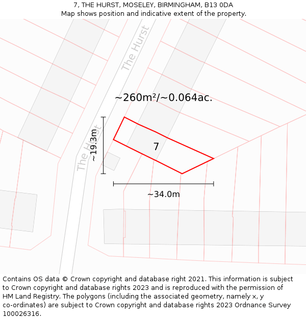 7, THE HURST, MOSELEY, BIRMINGHAM, B13 0DA: Plot and title map