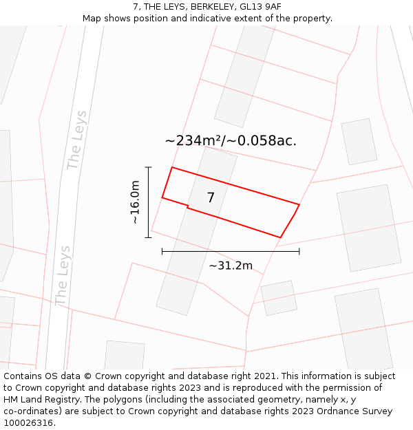 7, THE LEYS, BERKELEY, GL13 9AF: Plot and title map
