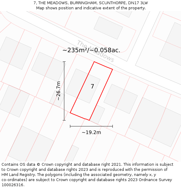 7, THE MEADOWS, BURRINGHAM, SCUNTHORPE, DN17 3LW: Plot and title map