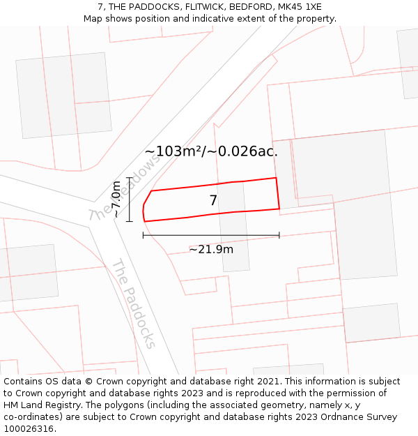 7, THE PADDOCKS, FLITWICK, BEDFORD, MK45 1XE: Plot and title map