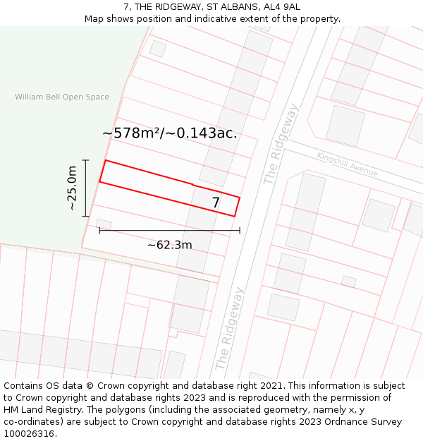 7, THE RIDGEWAY, ST ALBANS, AL4 9AL: Plot and title map