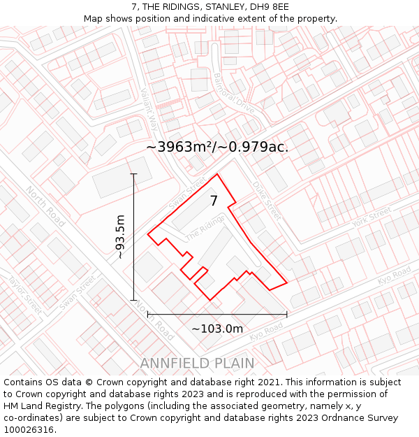 7, THE RIDINGS, STANLEY, DH9 8EE: Plot and title map