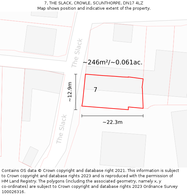 7, THE SLACK, CROWLE, SCUNTHORPE, DN17 4LZ: Plot and title map