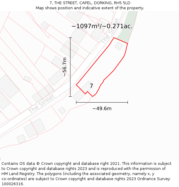 7, THE STREET, CAPEL, DORKING, RH5 5LD: Plot and title map