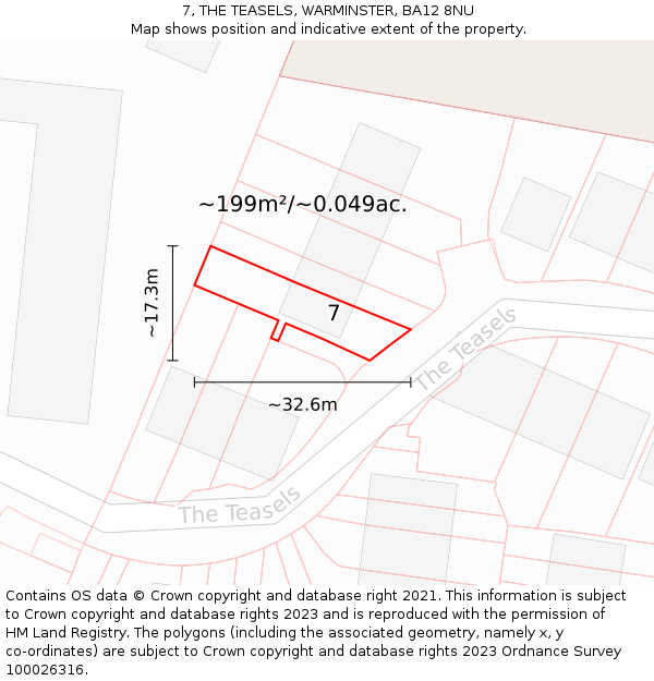 7, THE TEASELS, WARMINSTER, BA12 8NU: Plot and title map