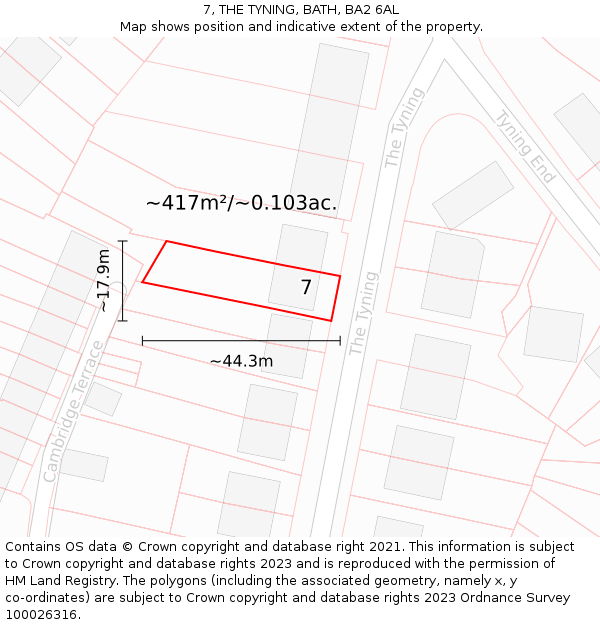 7, THE TYNING, BATH, BA2 6AL: Plot and title map