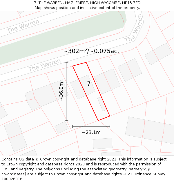 7, THE WARREN, HAZLEMERE, HIGH WYCOMBE, HP15 7ED: Plot and title map