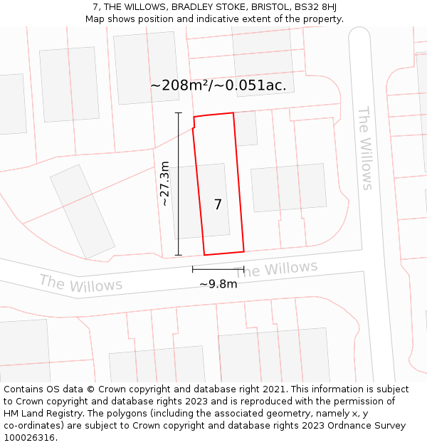 7, THE WILLOWS, BRADLEY STOKE, BRISTOL, BS32 8HJ: Plot and title map