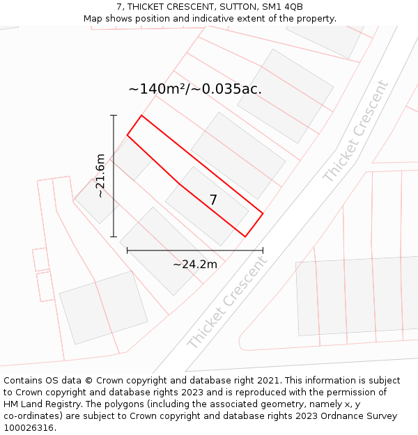 7, THICKET CRESCENT, SUTTON, SM1 4QB: Plot and title map