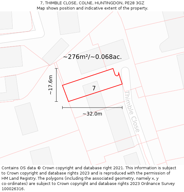 7, THIMBLE CLOSE, COLNE, HUNTINGDON, PE28 3GZ: Plot and title map