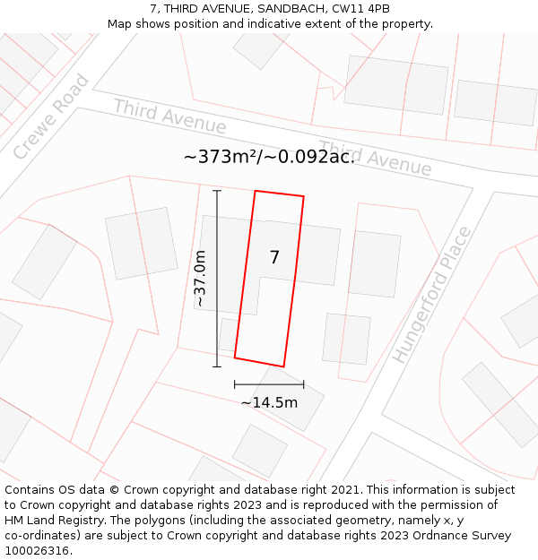 7, THIRD AVENUE, SANDBACH, CW11 4PB: Plot and title map