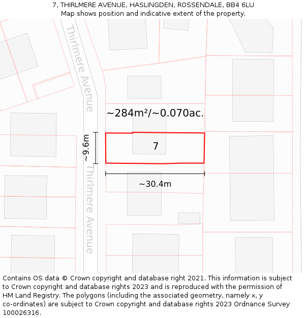 7, THIRLMERE AVENUE, HASLINGDEN, ROSSENDALE, BB4 6LU: Plot and title map