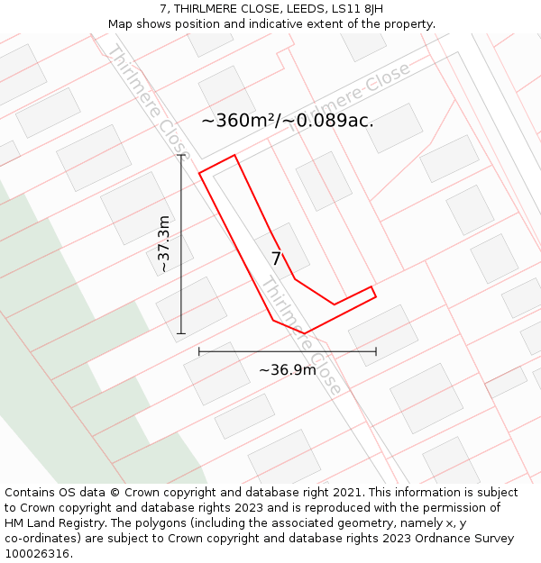 7, THIRLMERE CLOSE, LEEDS, LS11 8JH: Plot and title map