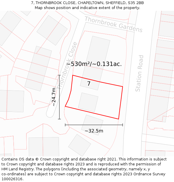 7, THORNBROOK CLOSE, CHAPELTOWN, SHEFFIELD, S35 2BB: Plot and title map