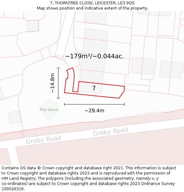 7, THORNTREE CLOSE, LEICESTER, LE3 9QS: Plot and title map